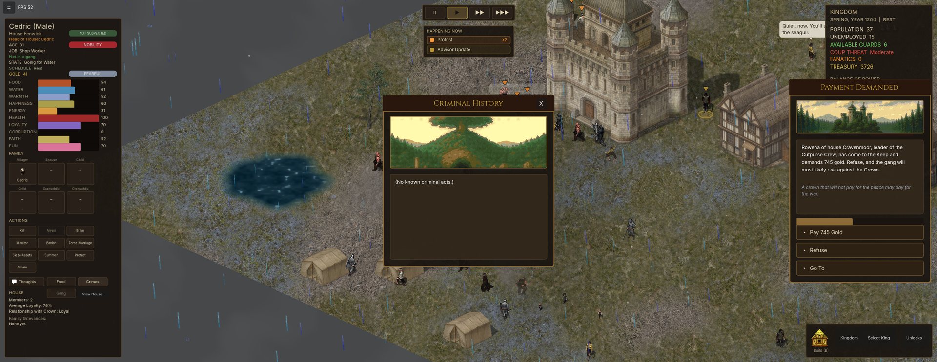 A villager's Criminal History panel