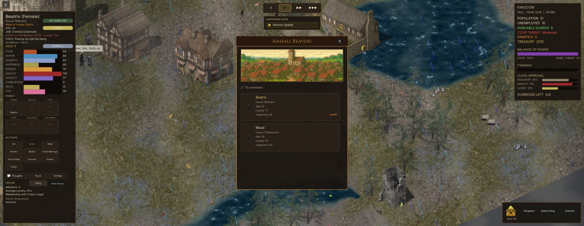 The Ashfall Reavers gang panel, listing its members and their loyalty