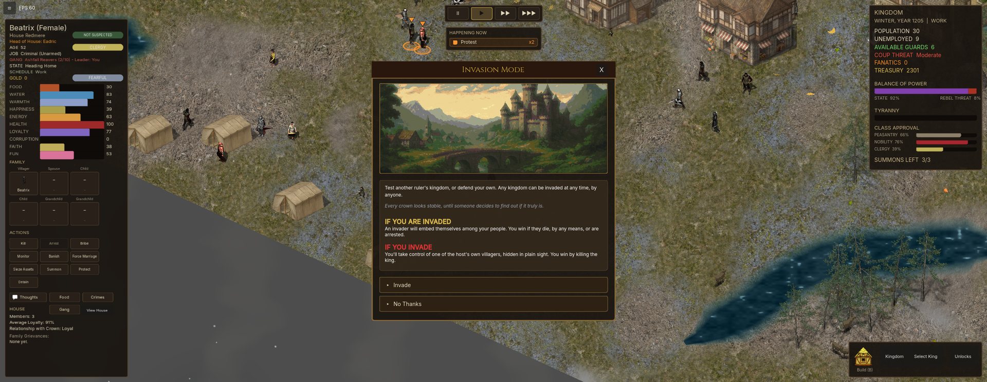 The Invasion Mode dialog explaining that any kingdom can be invaded at any time, with Invade and No Thanks options