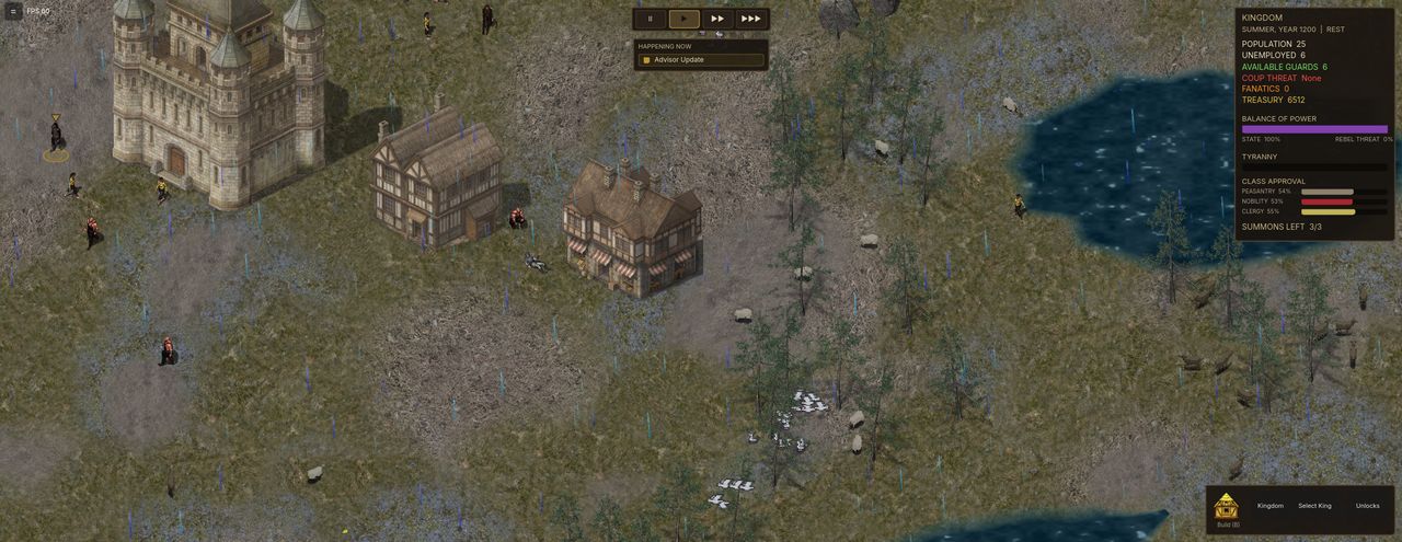 An overview of a Crowns Edge kingdom: a castle, timber-framed houses, villagers, and a lake