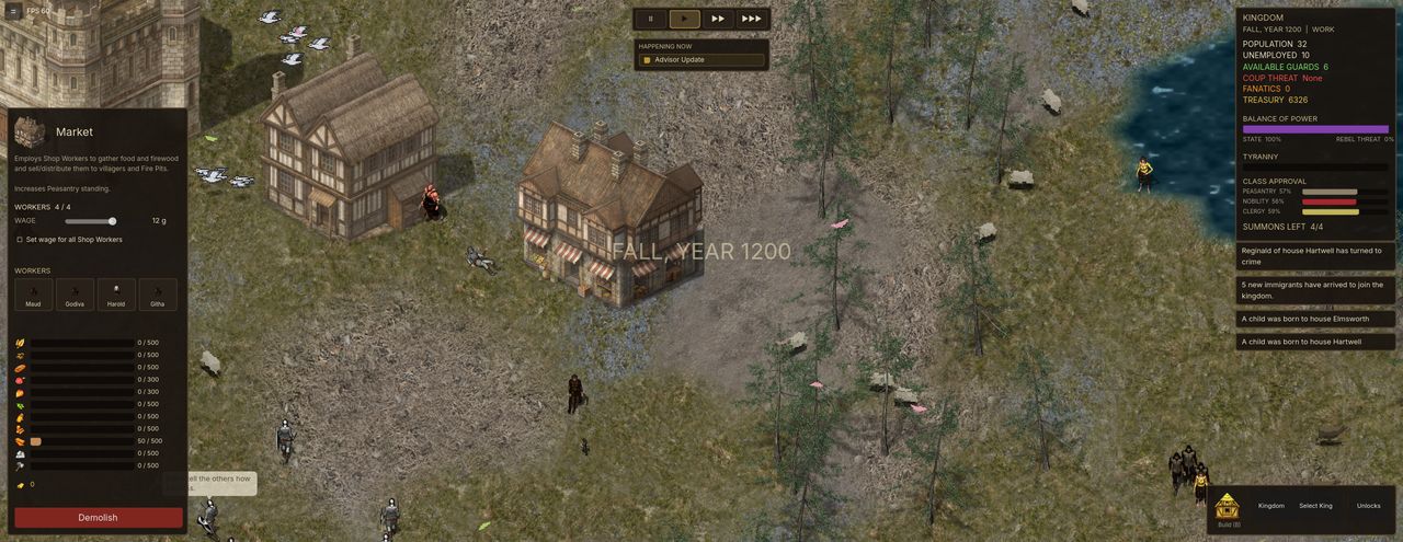 A season transition card reading Fall, Year 1200 over the kingdom, with a crime notification in the event log