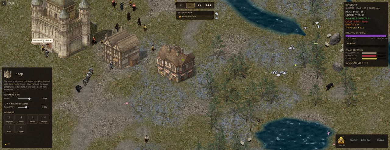 The Keep's building panel showing Guards, wages, and a kingdom tax rate slider
